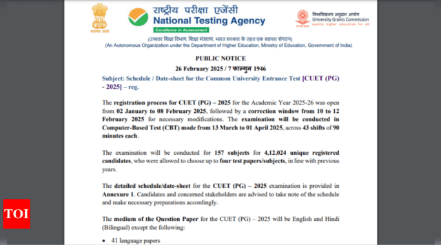 Navigating the CUET PG Exam Schedule 2025: Essential Insights for Candidates - Image 1 Explore essential insights on the CUET PG exam schedule for 2025, including key dates, subject details, and tips for candidates. Image Courtesy (static.toiimg.com)